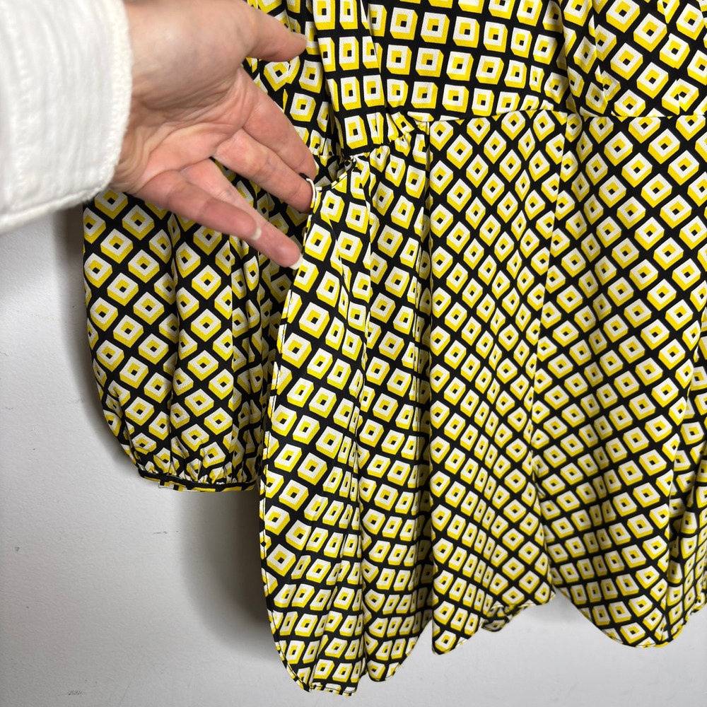 Diane von Furstenberg Silk Yellow Black Geometric Print‎ Long Sleeve Romper Sz L - Picture 4 of 11